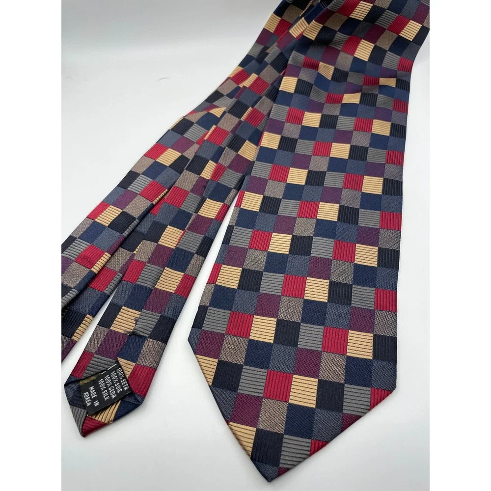 Roberto Villini Collezione Silk Tie Mens Navy Red Gold Checkered Geometric Woven